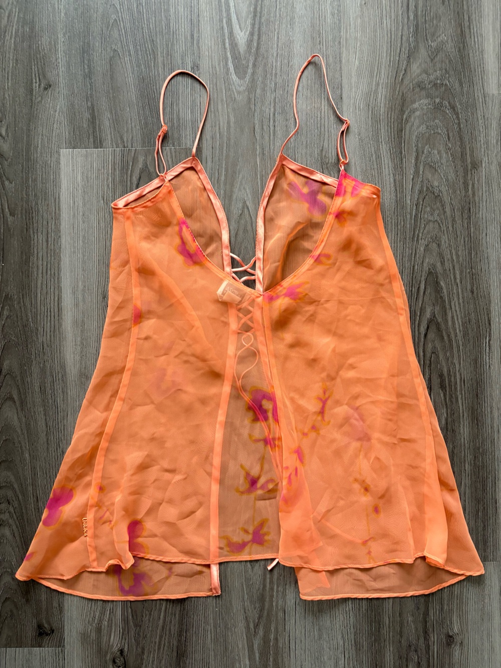 Y2K La SENZA Sheer Orange Chemise with Pink Floral Accents - Picture 3 of 3
